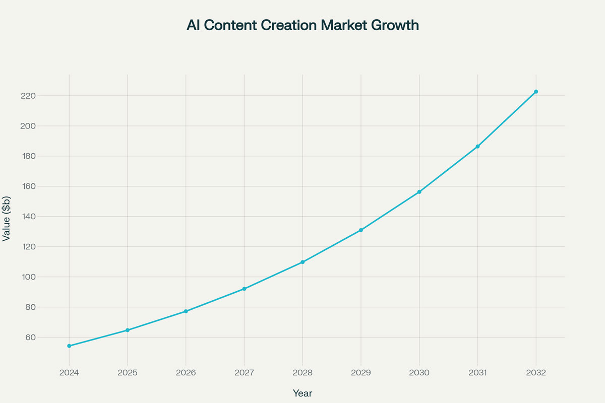 Liniendiagramm, das das Wachstum des Marktes für die Erstellung von KI-Inhalten von 2024 bis 2032 zeigt, das von 60 auf 220 Milliarden USD ansteigt, beeinflusst durch aufkommende Social Media Trends und sich entwickelnde Content Creator Strategien.
