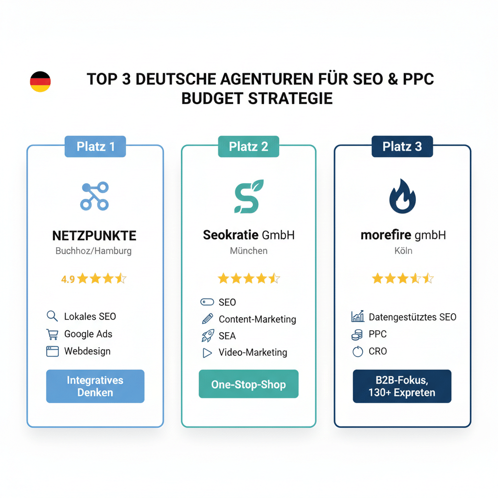 Drei gerankte deutsche SEO- & PPC-Agenturen mit Icons, Standorten und Stärken in blauen, grünen und navy Boxen - Ihr datengestützter Leitfaden für digitales Marketing.
