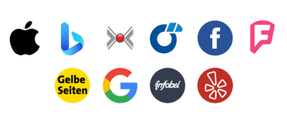 Zehn farbenfrohe Unternehmenslogos, darunter Apple, Bing, Facebook, Google, Yelp und andere, auf hellem Hintergrund - perfekt für die Darstellung von Zitaten oder lokalen Einträgen in jedem Unternehmensverzeichnis.