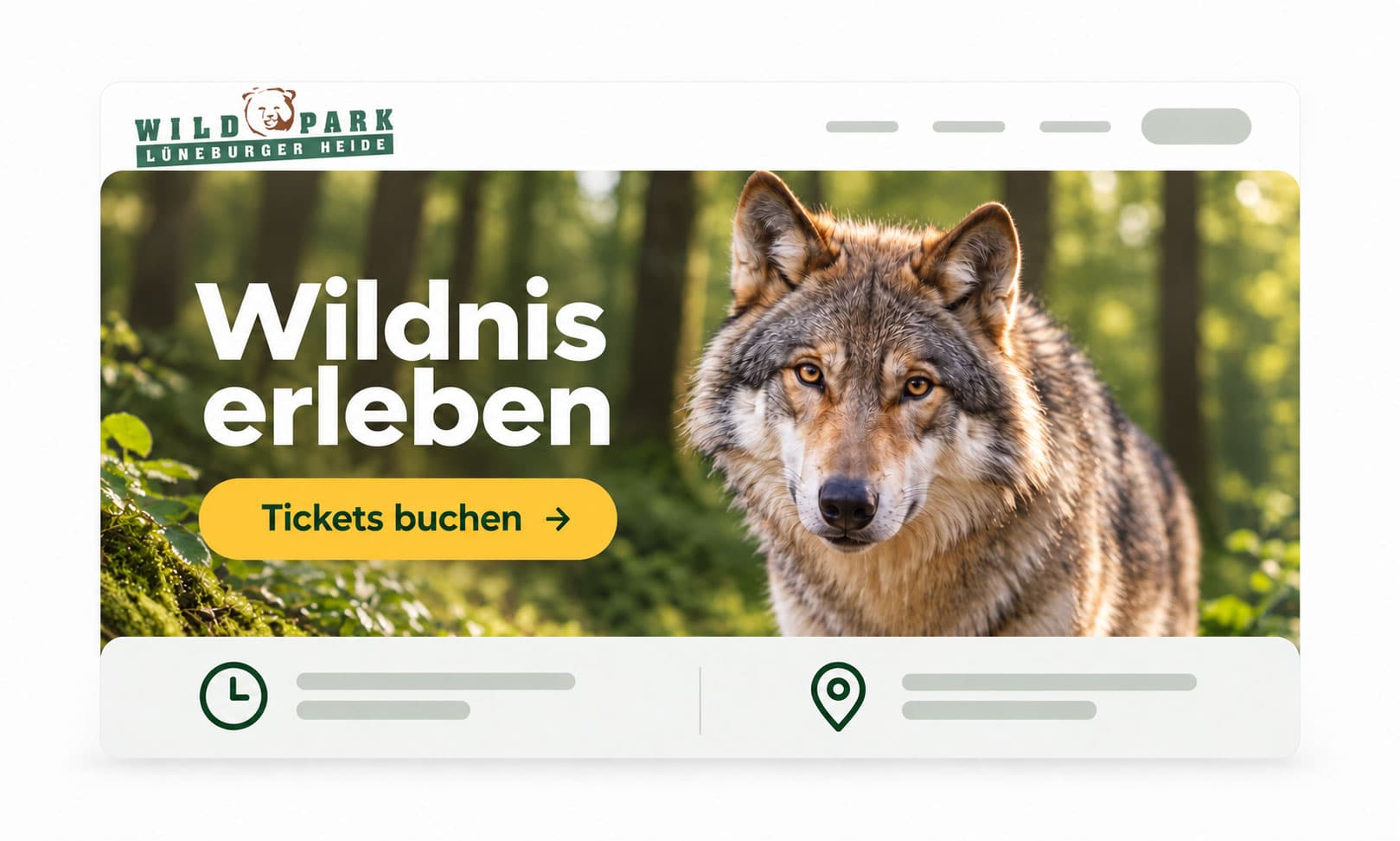 Wildpark Lüneburger Heide – Startseite – Banner für 2026 mit einem Wolf und einem Buch sowie einem Button Tickets.