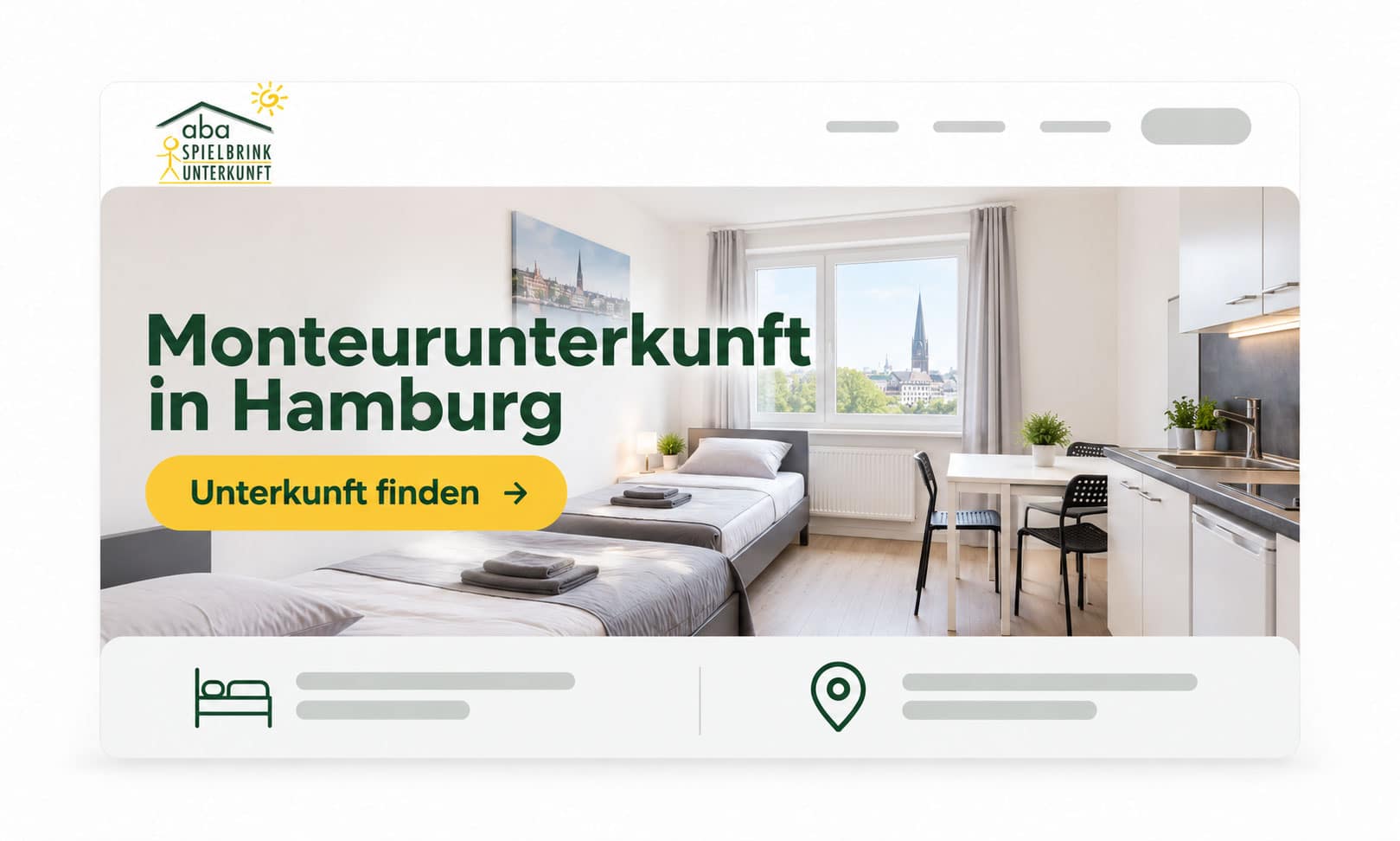 Startseite für Arbeitnehmerunterkünfte in Hamburg mit einer Schaltfläche zur Suche nach Unterkünften für das Jahr 2026.