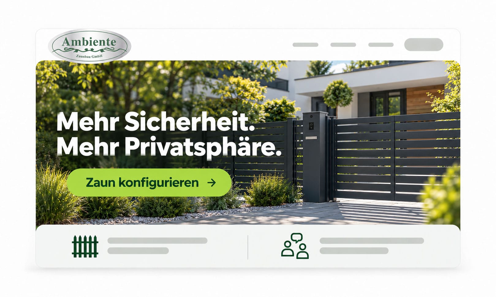Kopfzeile der Ambiente-Homepage: Mehr Sicherheit. Mehr Privatsphäre mit einer Schaltfläche zum Zaunkonfigurator.