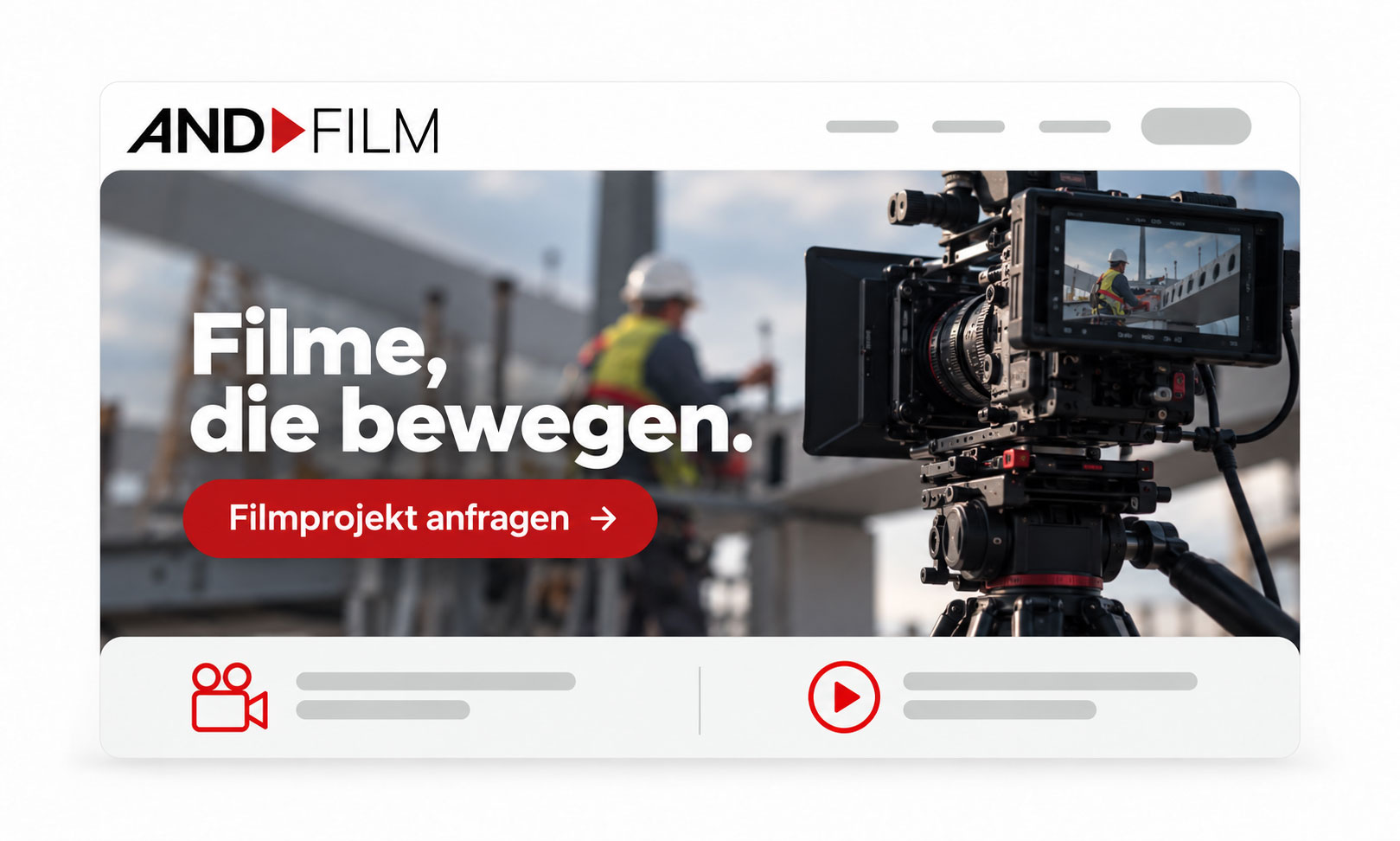 SOWIE das Hero-Banner auf der Homepage von FILM mit dem Text Filme, die bewegen und einer Schaltfläche zur Projektanfrage.