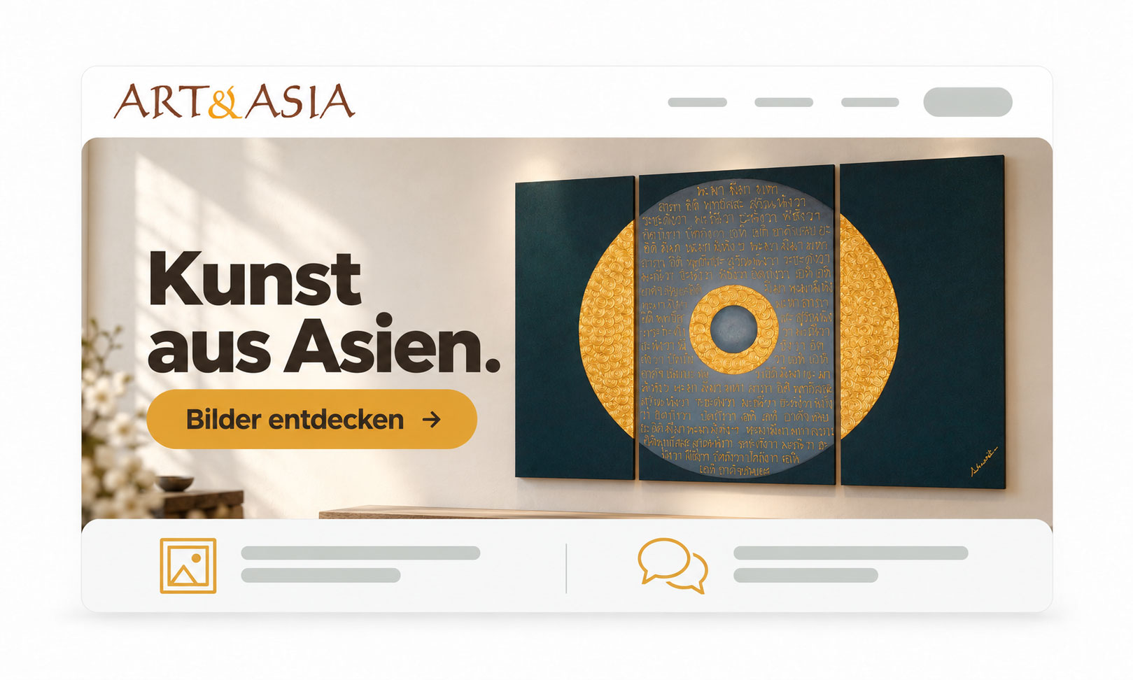 Website-Banner für die Startseite 2026 mit dem Text Kunst aus Asien und einem gold-blauen Bildmotiv.