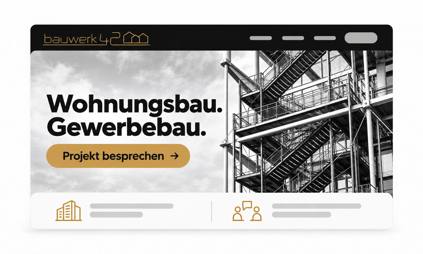 Kopfzeile der Website von Bauwerk 42 mit Abbildungen industrieller Architektur und einer Schaltfläche für Projektanfragen. Startseite 2026.