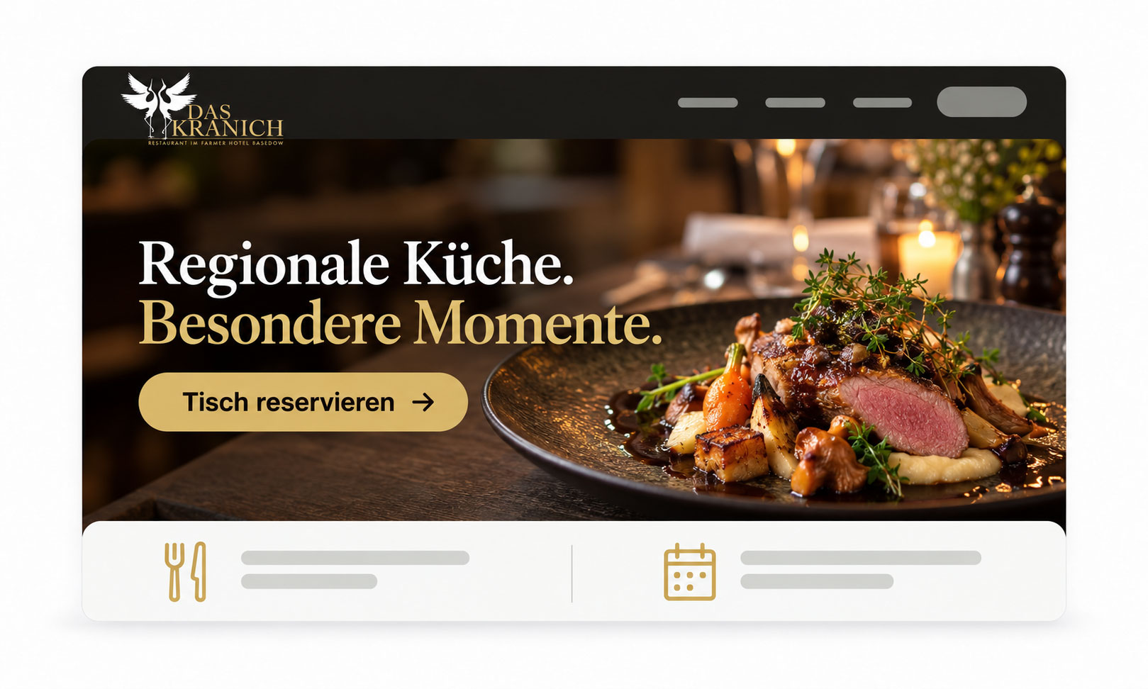Restaurantanzeige für Startseite 2026, die einen Teller mit Fleisch und Gemüse sowie eine Schaltfläche zum Reservieren zeigt.