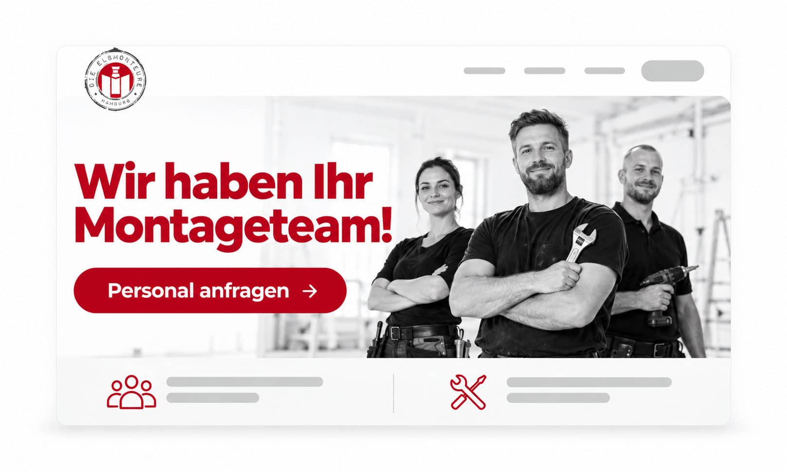 Auf der Startseite 2026 sind drei Mitarbeiter in Uniform abgebildet, mit der Option, Personal anzufordern.