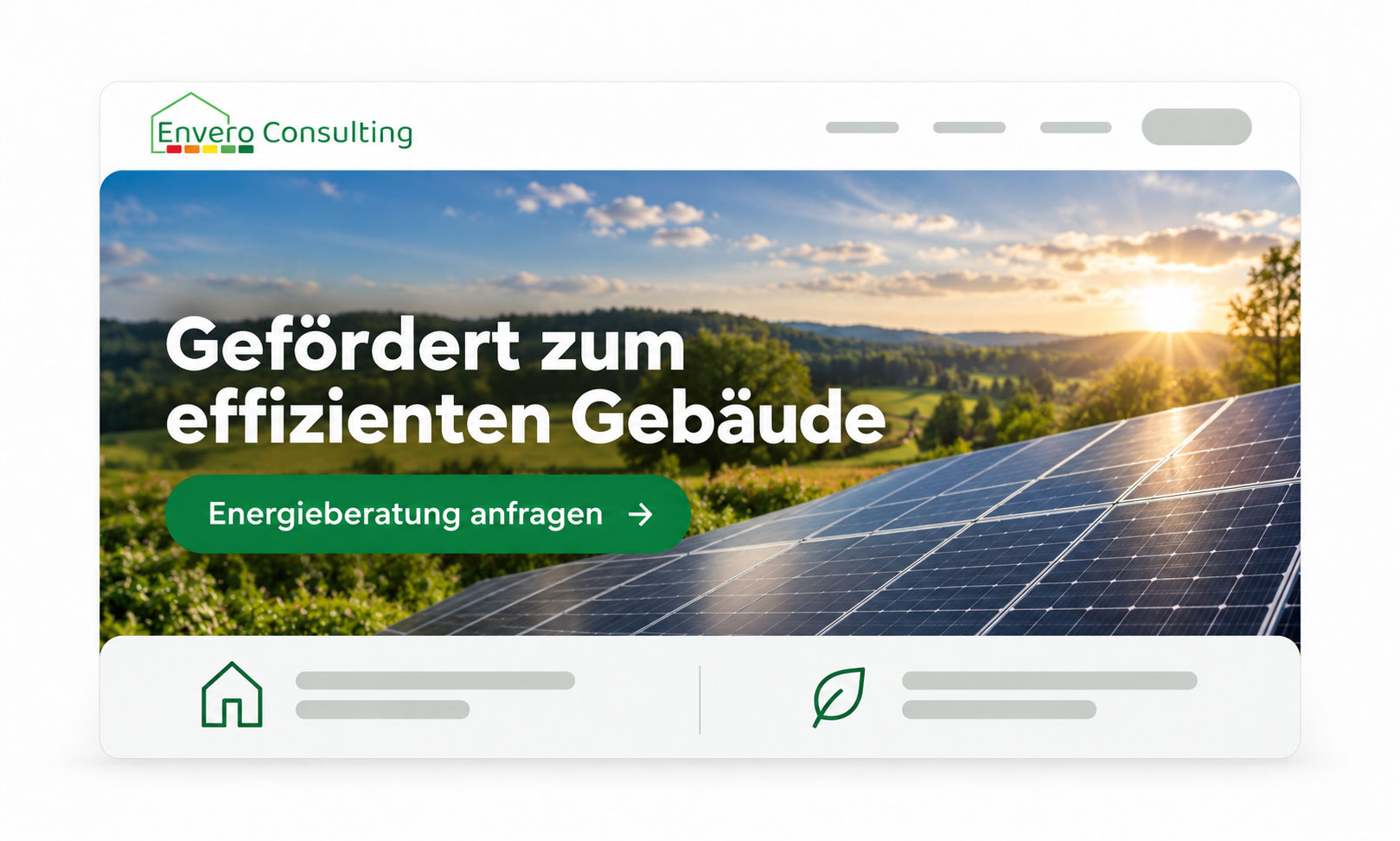 Sonnenkollektoren auf einem Feld, die auf der Homepage von 2026 für eine effiziente Bauberatung werben.