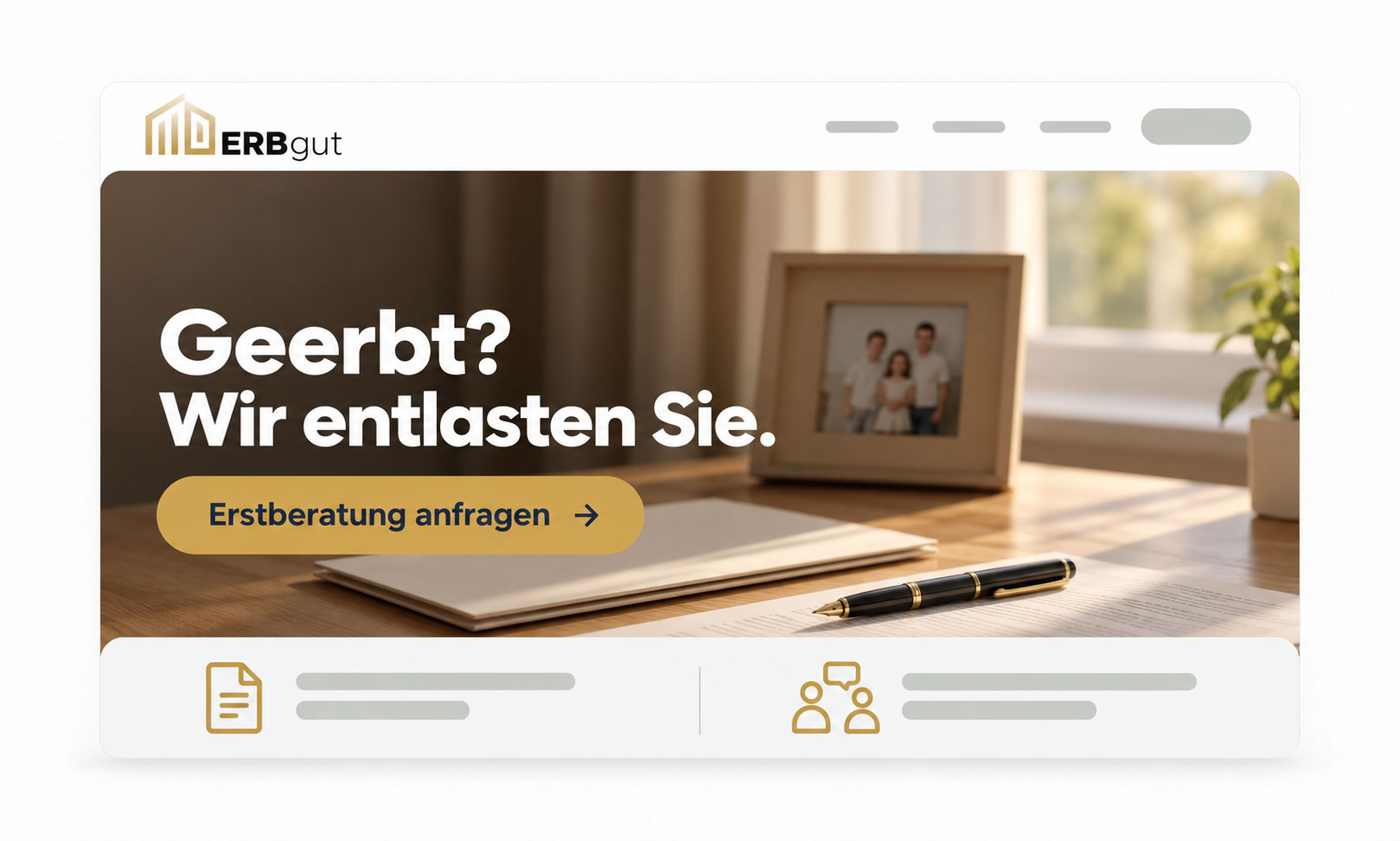 Erbgut-Homepage 2026 – Banner: Geerbt? Wir nehmen Ihnen die Last ab. Mit Beratungs-Button.