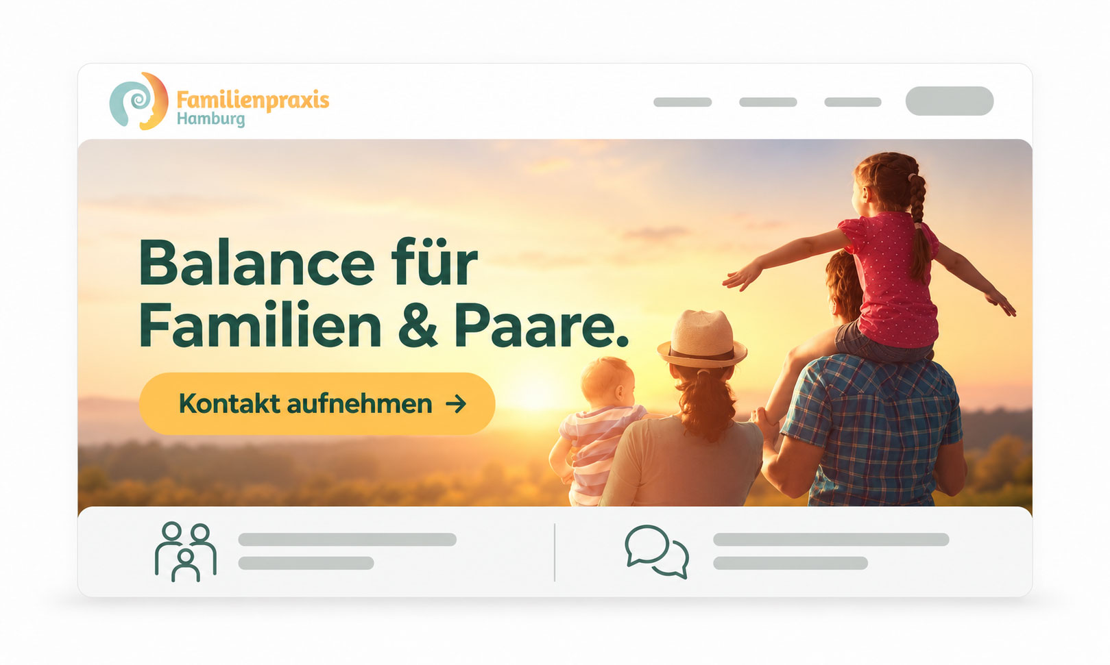 Eine Familie vor dem Hintergrund eines Sonnenuntergangs auf der Website der Familienpraxis Hamburg 2026 mit einem Kontakt-Button.