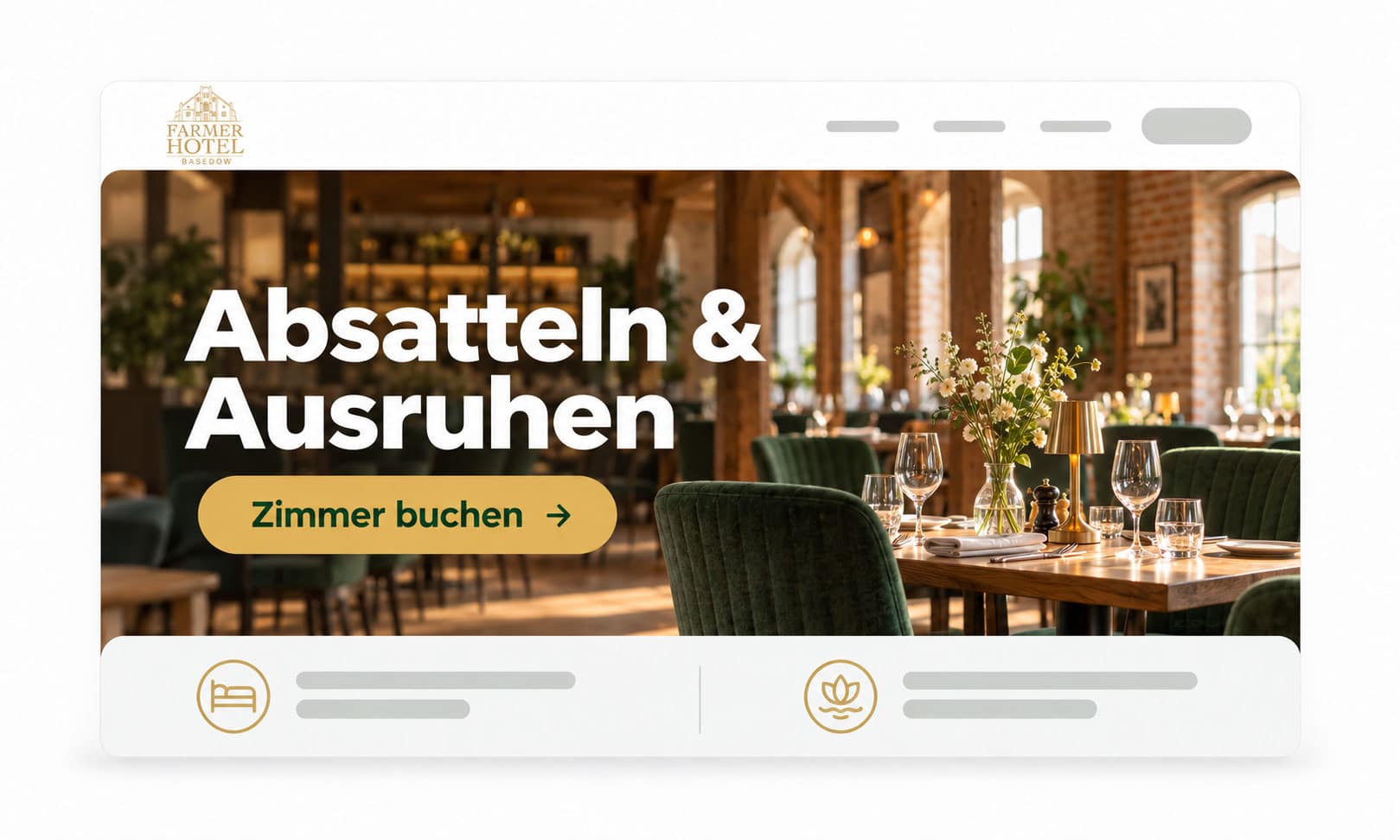 Banner auf der Homepage des Farmer Hotels: Absatteln & Ausruhen mit einem Button Zimmer buchen.