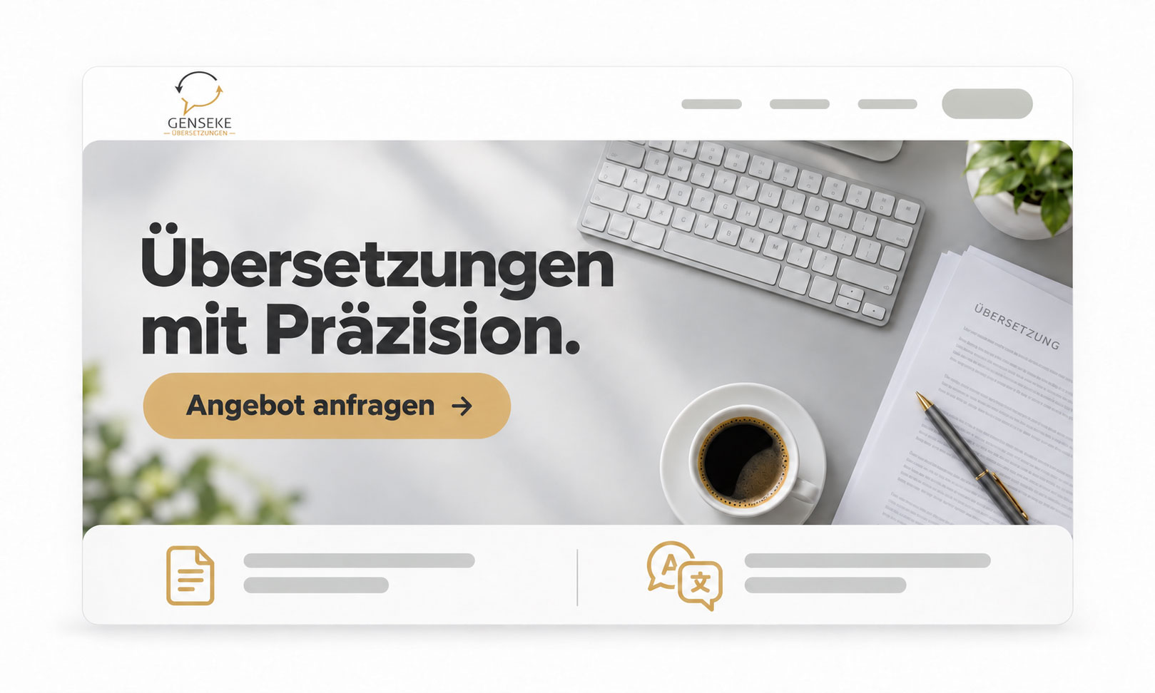 Kopfzeile der Website von Genseke Übersetzungen für die Startseite 2026 mit dem Aufruf zum Handeln: Angebot anfragen.