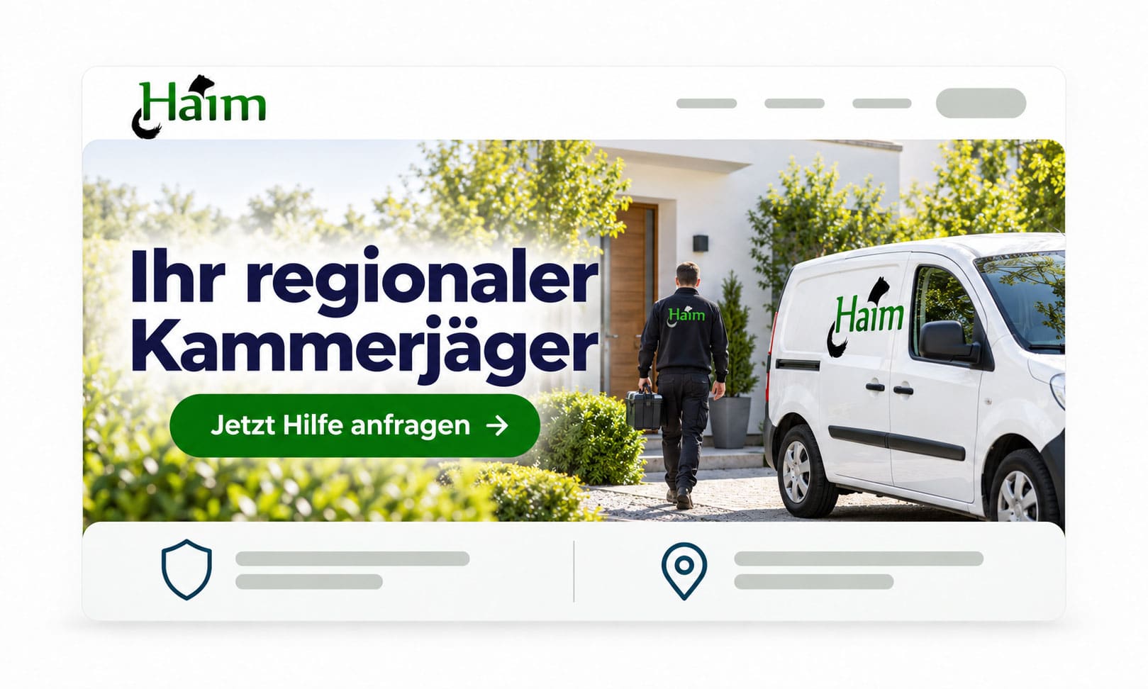 Ein Kammerjäger geht neben einem Haim-Lieferwagen auf ein Haus zu – für die Startseite 2026.