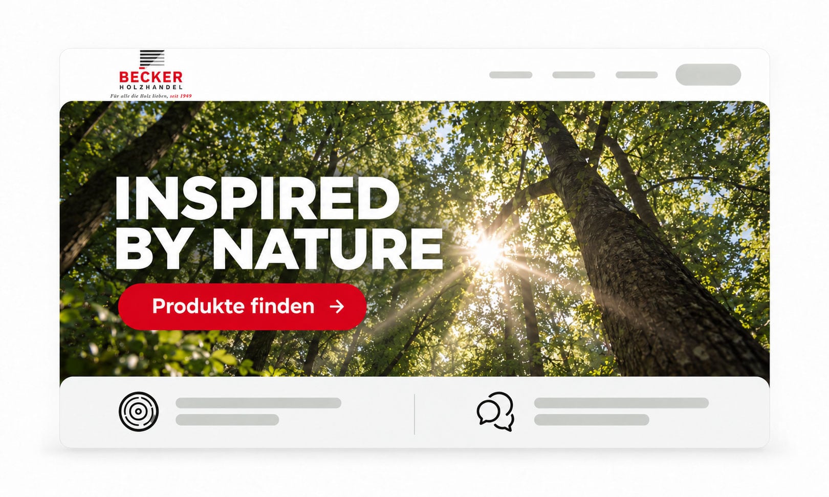 Banner auf der Homepage von Becker Holzhandel, das einen Wald zeigt, mit dem Text Inspired by Nature.