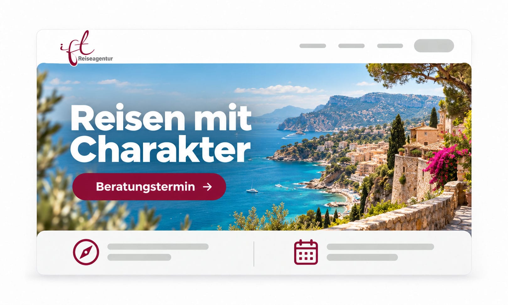 Küstenansicht für ein Banner des Reisebüros Startseite 2026 mit einem Beratungsbutton.