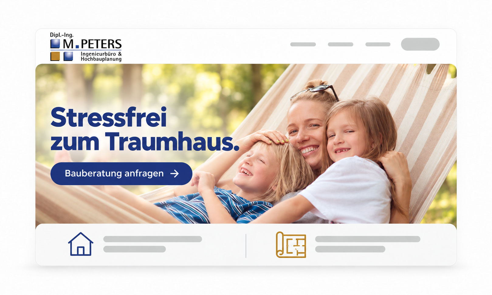 Eine Frau und zwei Kinder lächeln in einer Hängematte und freuen sich auf ihr Startseite 2026-Traumhaus.