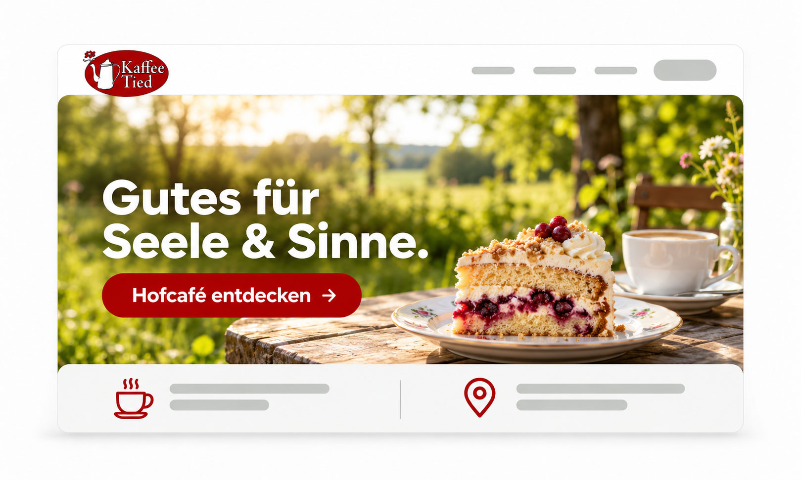 Kaffee Tied Startseite-Banner: Ein Stück Beerenkuchen und Kaffee, genossen im Freien.