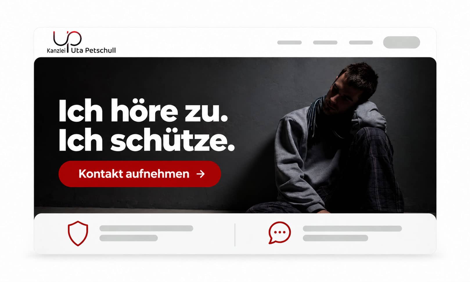 Homepage der Kanzlei Uta Petschull mit dem Text Ich höre zu. Ich schütze. und einer Kontakt-Schaltfläche.
