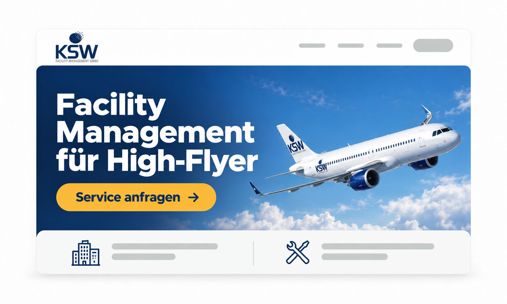 Anzeige von KSW Facility Management mit einem Flugzeug und einer Schaltfläche Serviceanfrage, Startseite 2026.