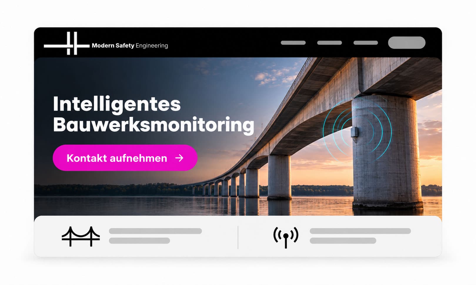 Banner zum Thema Moderne Sicherheitstechnik mit der Abbildung einer Brücke und dem Schriftzug Intelligentes Bauwerksmonitoring, 2026.