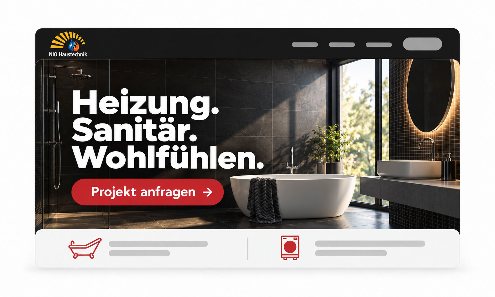 Website-Mockup von NIO Haustechnik für die Startseite 2026, das ein modernes Badezimmer mit einem CTA zeigt.