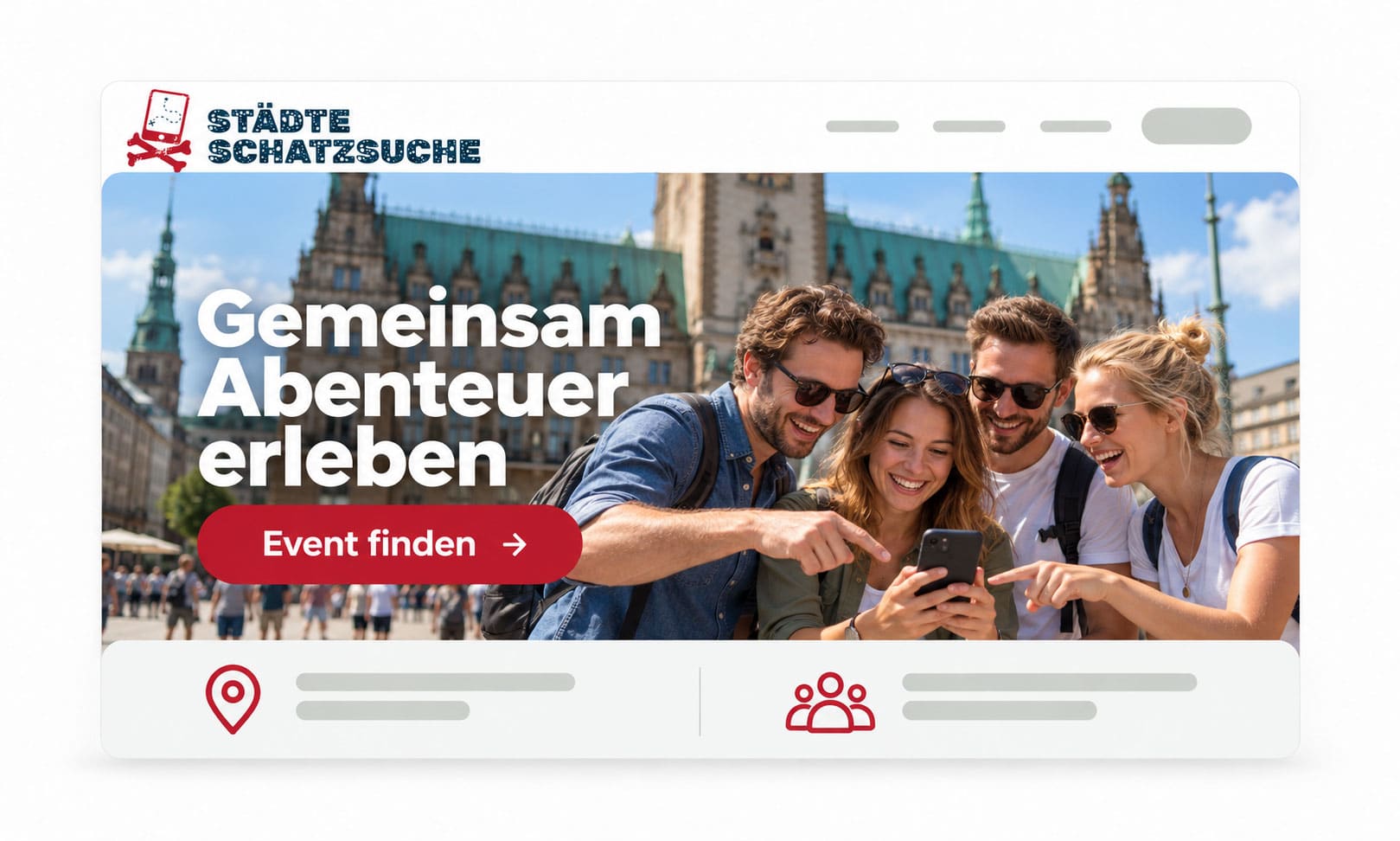 Vier Freunde, die an einer Homepage 2026-Schnitzeljagd durch die Stadt teilnehmen, schauen vor einer historischen Sehenswürdigkeit auf ein Smartphone.