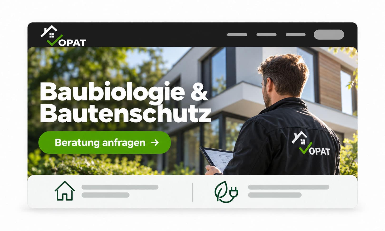 Ein Mann hält für die Homepage 2026 ein Tablet mit der Aufschrift Baubiologie & Bautenschutz vor einem Haus.